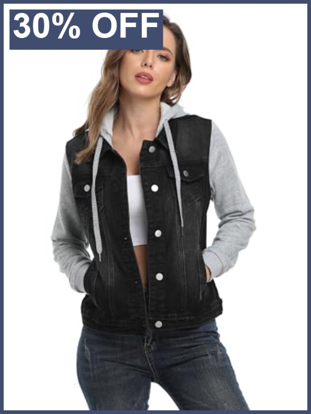 Women's Hooded Denim Jacket Drawstring Layered Hood Cotton Jean Jacket